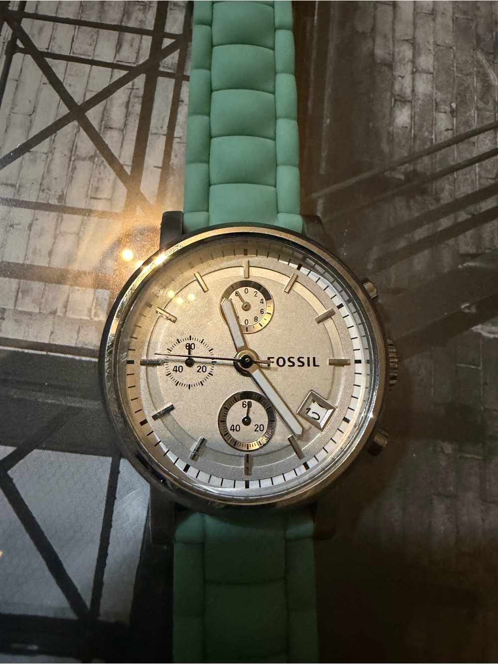 Fossil Silver Dial Watch with Mint Green Strap